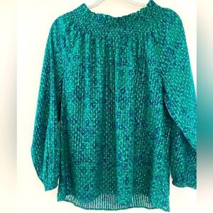 ❤️🥰❤️Talbots Button High Neck Silver Sequins Floral Blue Green Blouse